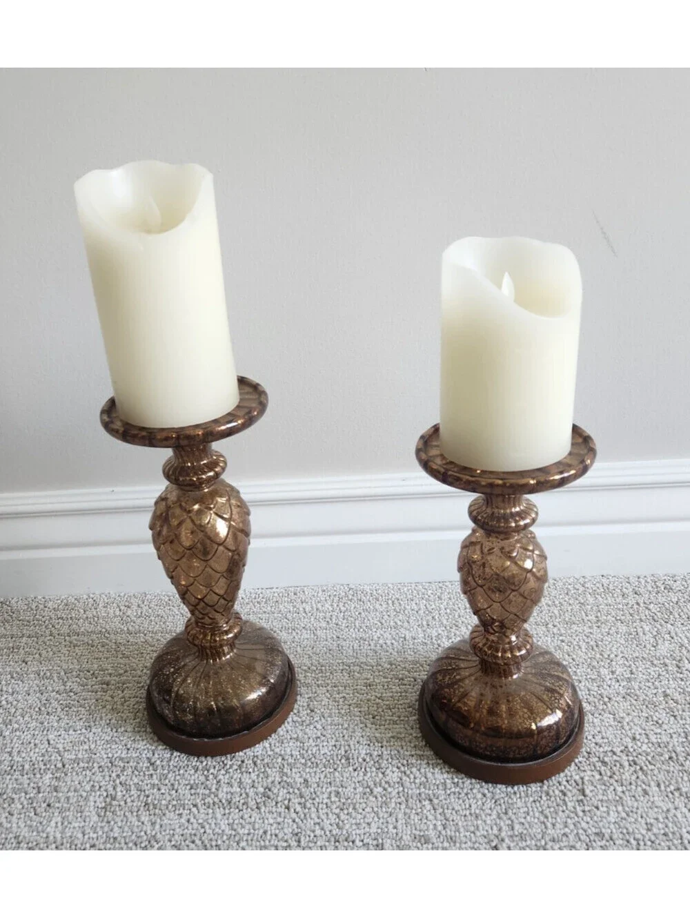 Vintage Candle Stands set of 2 Battery Lights Brass Gold Pineapple Style Light
